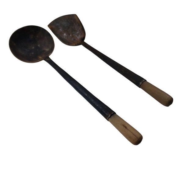 Primitive Hand Forged Ladle and Spatula Rustic Cooking Set Metal Wooden Handles - Picture 2 of 6